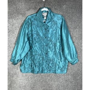 Maggie Sweet Geo Shantung Button Up Top Shirt Womens 2X‎ Petite Teal Long Sleeve